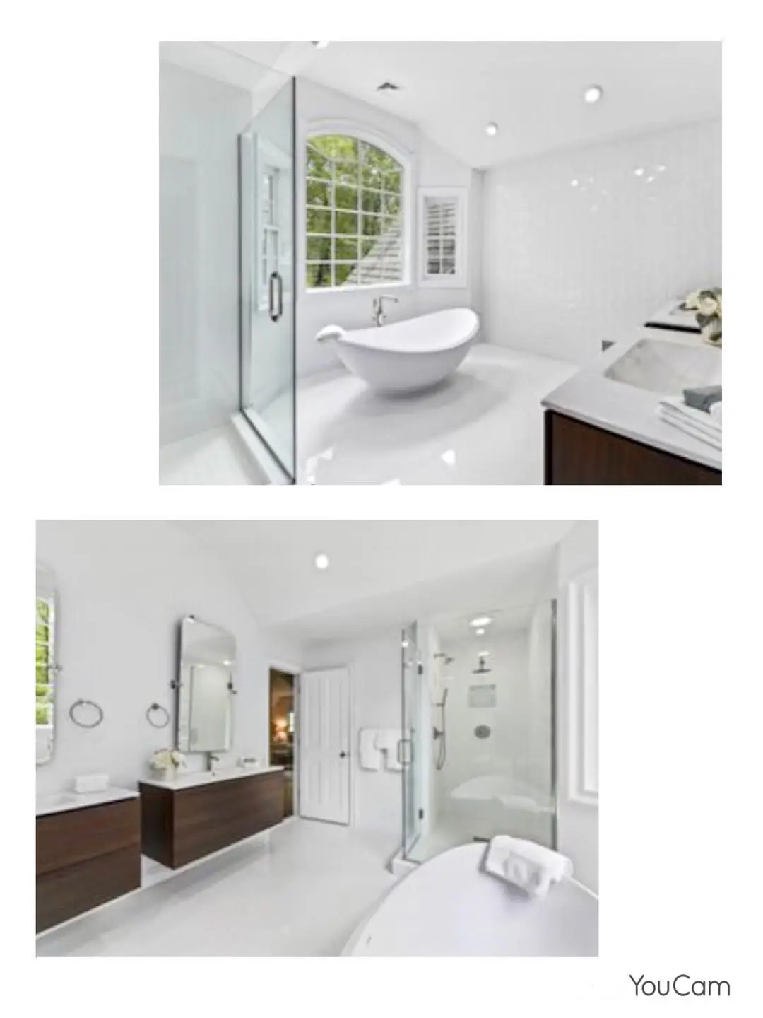 Renovated bathroom suite with a custom vanity, tiled shower and natural light